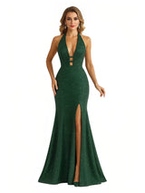 Shiny Halter Mermaid Glitter Jersey Side Slit Long Formal Dresses For Women