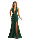 Shiny Halter Mermaid Glitter Jersey Side Slit Long Formal Dresses For Women