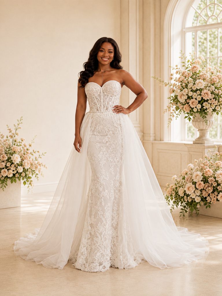 ChicSew Unique Sweetheart Lace Appliques Tulle Maxi Mermaid Wedding Dress With Overskirt