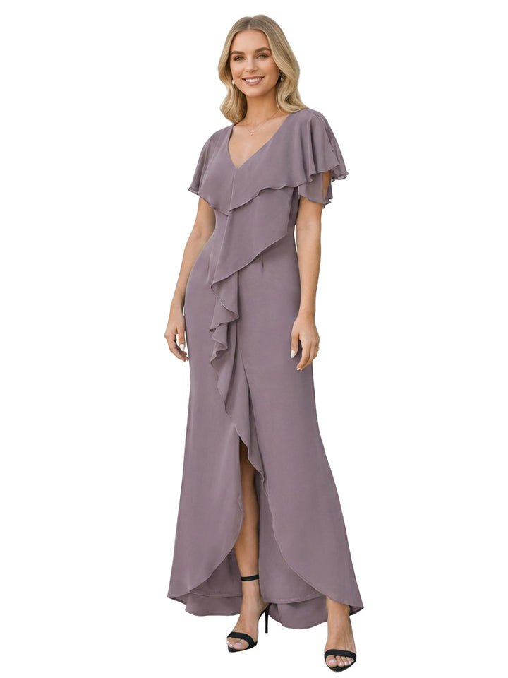 Beautiful Mother Of The Bride Dresses V-Neck Short Sleeves Ruffls Slit Formal Wedding Event Dress