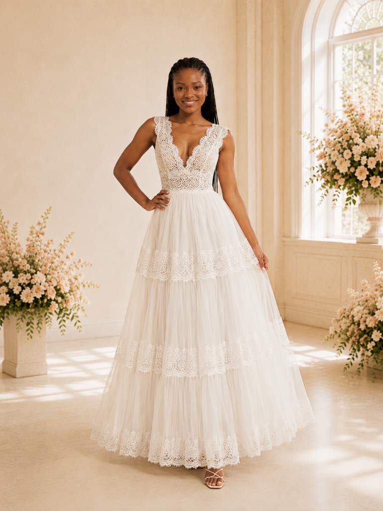 ChicSew Modern A-Line V-Neck Spaghetti Straps Lace Tulle Long Wedding Dress