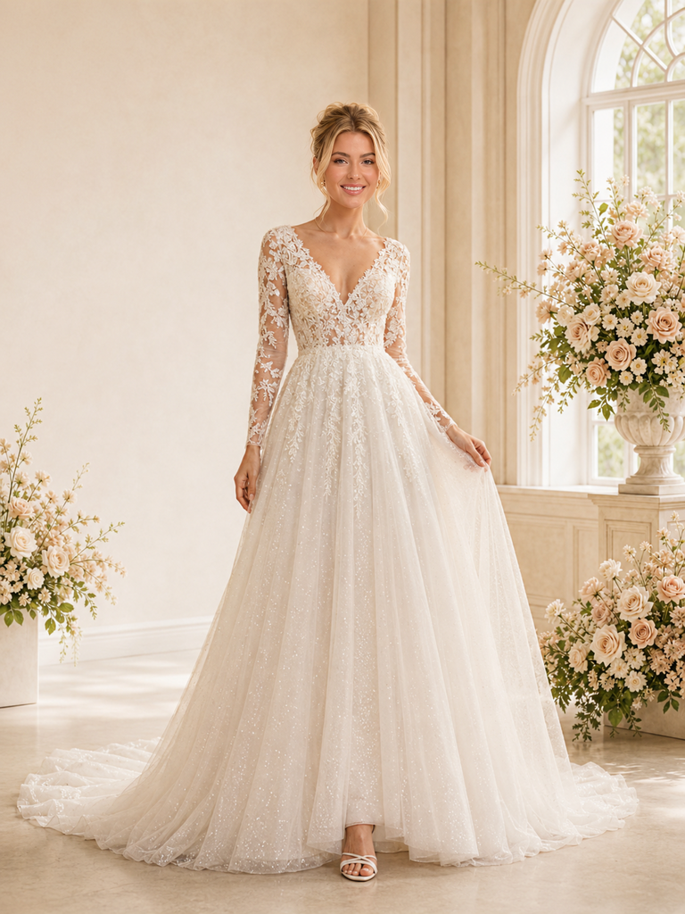 ChicSew Romantic Pretty A-Line Lace Tulle V-Neck Long Sleeves Floor-Length Wedding Dresses