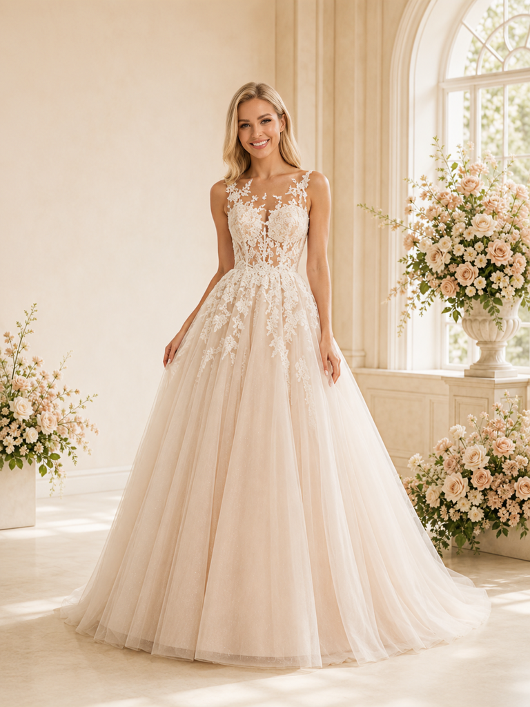 ChicSew Romantic A-Line Lace Spaghetti Straps Long Wedding Dresses With Applique