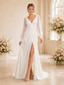 ChicSew Elegant Chiffon Sheath Long Tulle Sleeves V-Neck Side Slit Maxi Wedding Dresses