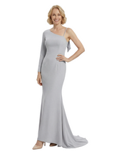 Chicsew Stylish Mother of The Bride Dress Asymmetrical Long Sleeve Fitted Mermaid Train Satin Fabric Modern Graceful Formal Wedding Celebration Gown