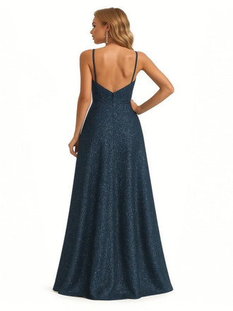 Sexy V-Neck Spaghetti Straps A-Line Glitter Jersey Maxi Formal Evening Dresses For Women