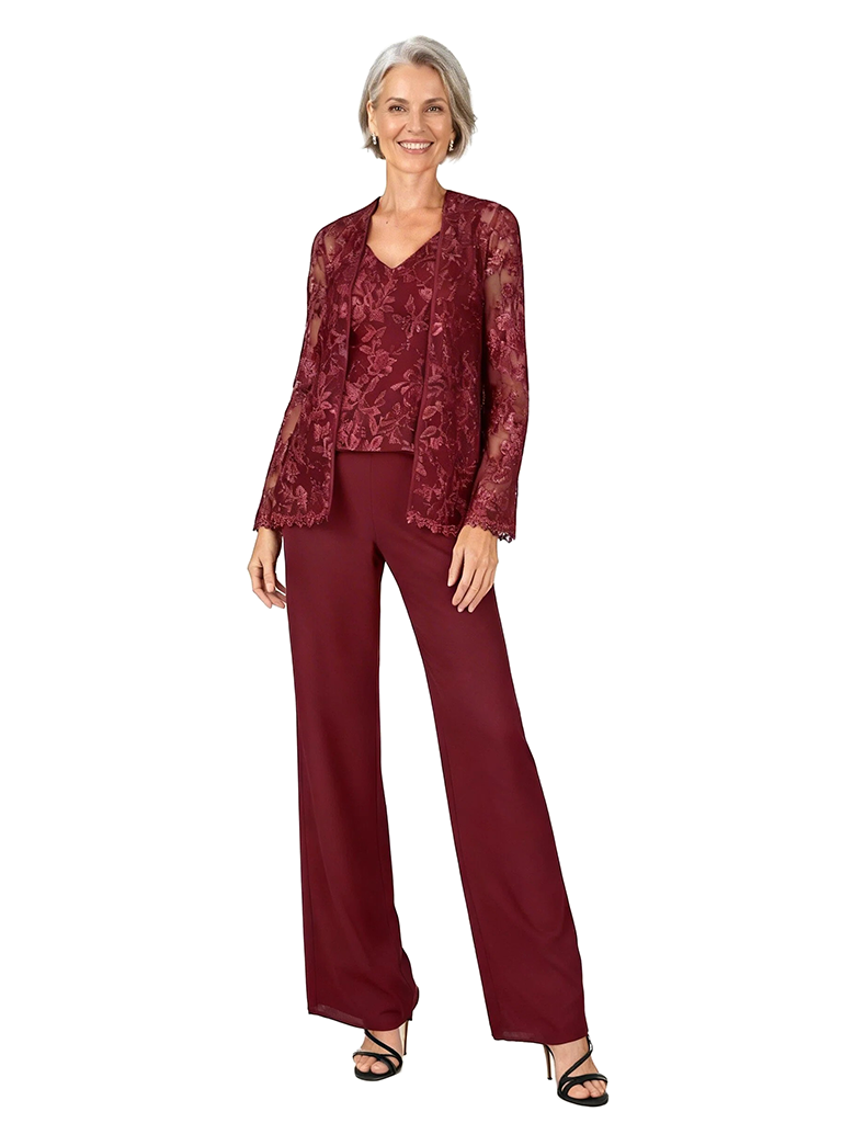 ChicSew V-Neck Long Sleeve Lace Bodice Pantsuits For Mother Of The Bride