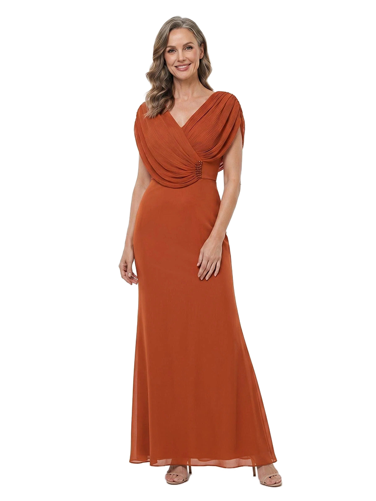 ChicSew V-Neck Draped Wrap Shoulder Chiffon Ankle Length A-Line Mother of the Bride Dress