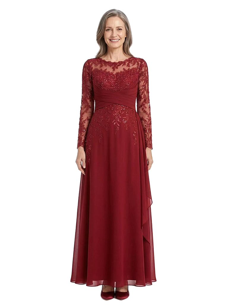 ChicSew Jewel  Lace  Long Sleeve Ruched Waist Floor Length Chiffon Romantic Mom Of The Groom Dresses