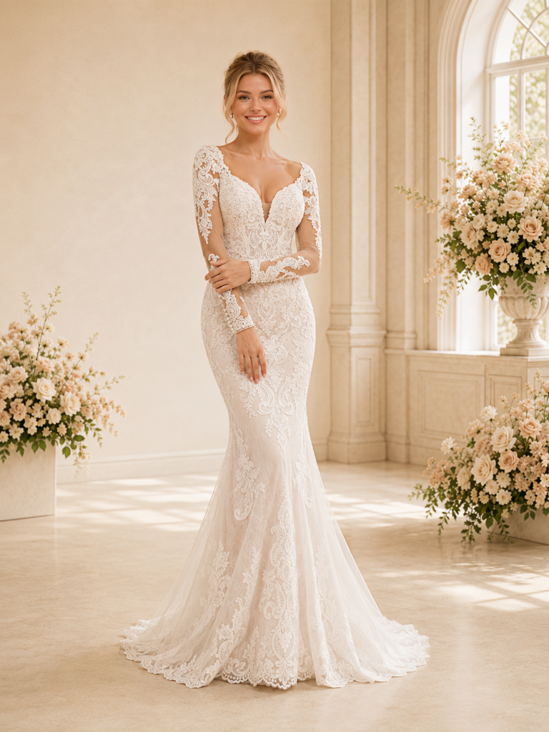 ChicSew Morden V-Neck Long Sleeves Satin Lace Mermaid Floor-Length Wedding Dress