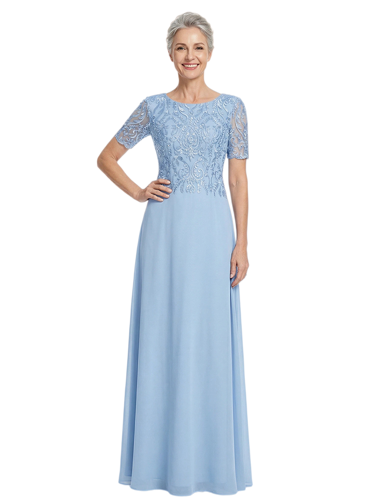 ChicSew Jewel Short Sleeve Lace Applique A-Line Floor Length Chiffon Mother Of The Bride Dress