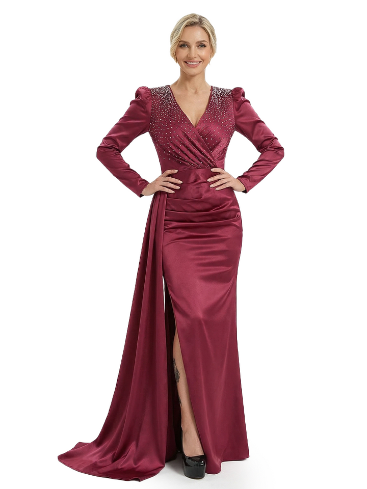 Chicsew Modern V-Neck Long Sleeves Side Slit Rhinestone Satin Mermaid Mother Of The Bride Dresses