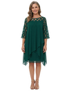 ChicSew Round Neck 3/4 Sleeve Geometric Mesh Overlay Layered Ruffle Knee Length Chiffon Casual Mother Of The Bride Dresses