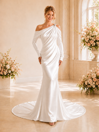ChicSew Unique Mermaid One Shoulder Ruched Long Sleeves Satin Maxi Wedding Dresses With Train