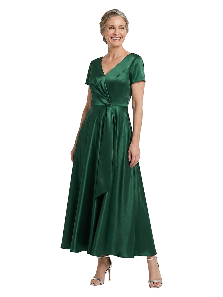 ChicSew V-Neck Short Sleeve Satin A-Line Long Mother of the Bride Dress
