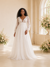 ChicSew Romantic V-Neck Long Sleeves Tulle Maxi Wedding Dress With Lace Appliques