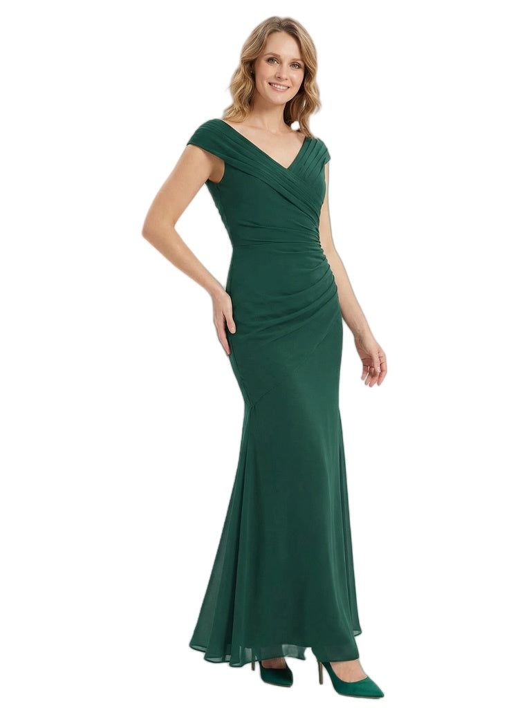 Stunning Ruched Mermaid Mother Of The Bride Dress Cap Sleeve V-Neck Chiffon Formal Gown