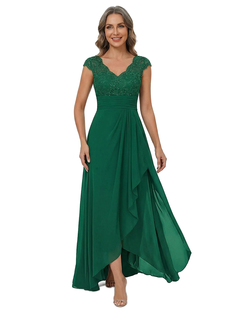 ChicSew Cap Sleeve Lace Beaded Ruched Waist High Low Chiffon Mom Of The Groom Dresses
