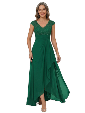 ChicSew Cap Sleeve Lace Beaded Ruched Waist High Low Chiffon Mom Of The Groom Dresses