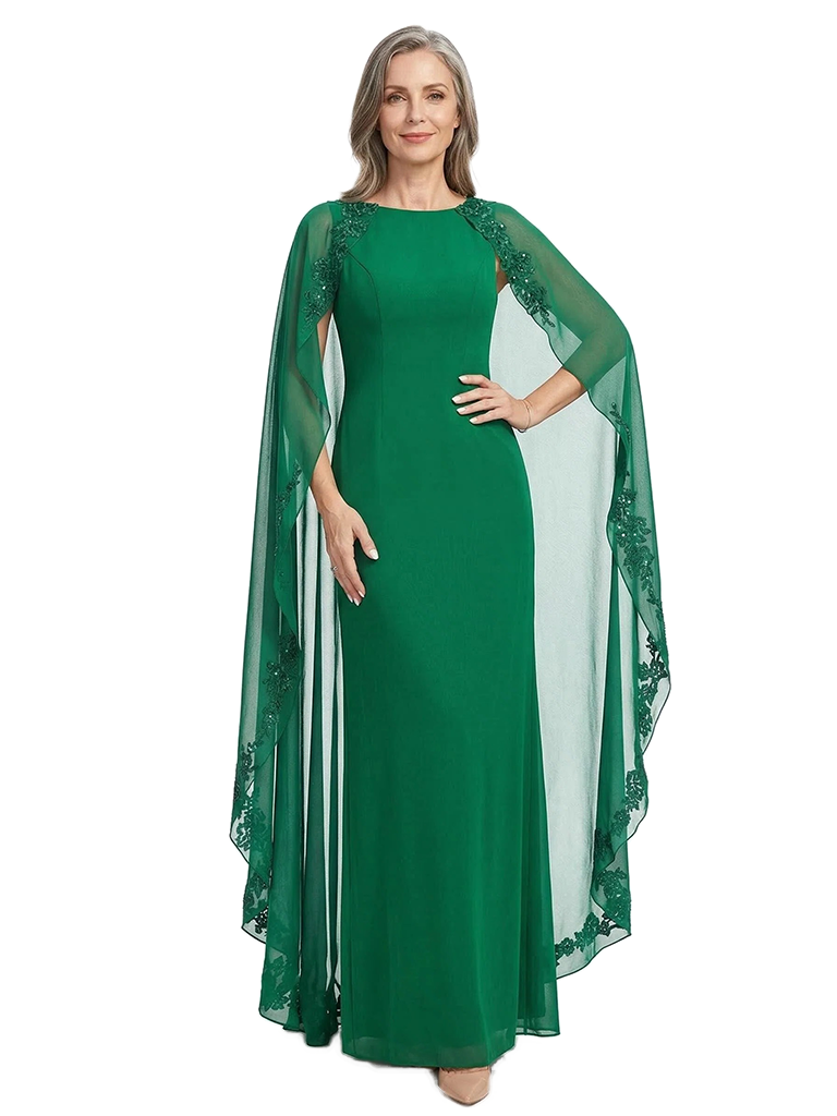 ChicSew Jewel Lace Cape Sleeve Mermaid Floor Length Chiffon Fancy Mother of the Bride Dresses