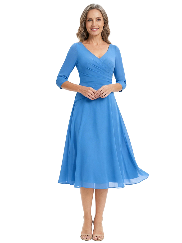 ChicSew Modern V-Neck Tea-Length Mother Of The Bride Dress Chiffon Fit Flare