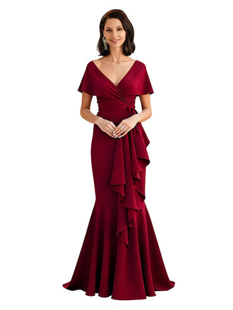 Elegant V-Neck Short Sleeves Ruffle Satin Mermaid Long Mother of the Bride Dresses