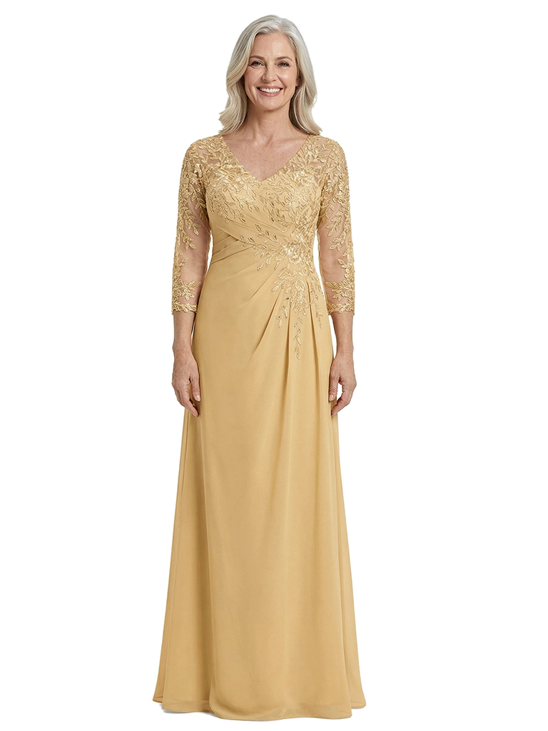 ChicSew V-Neck 3/4 Sleeve Lace Applique Ruched Waist A-Line Floor Length Chiffon Elegant Mother Of The Bride And Groom Dresses