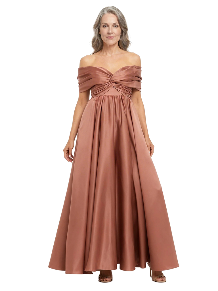 ChicSew Stunning Off The Shoulder A-Line Silky Satin Mother Of The Groom Dress Pleated Formal Gown
