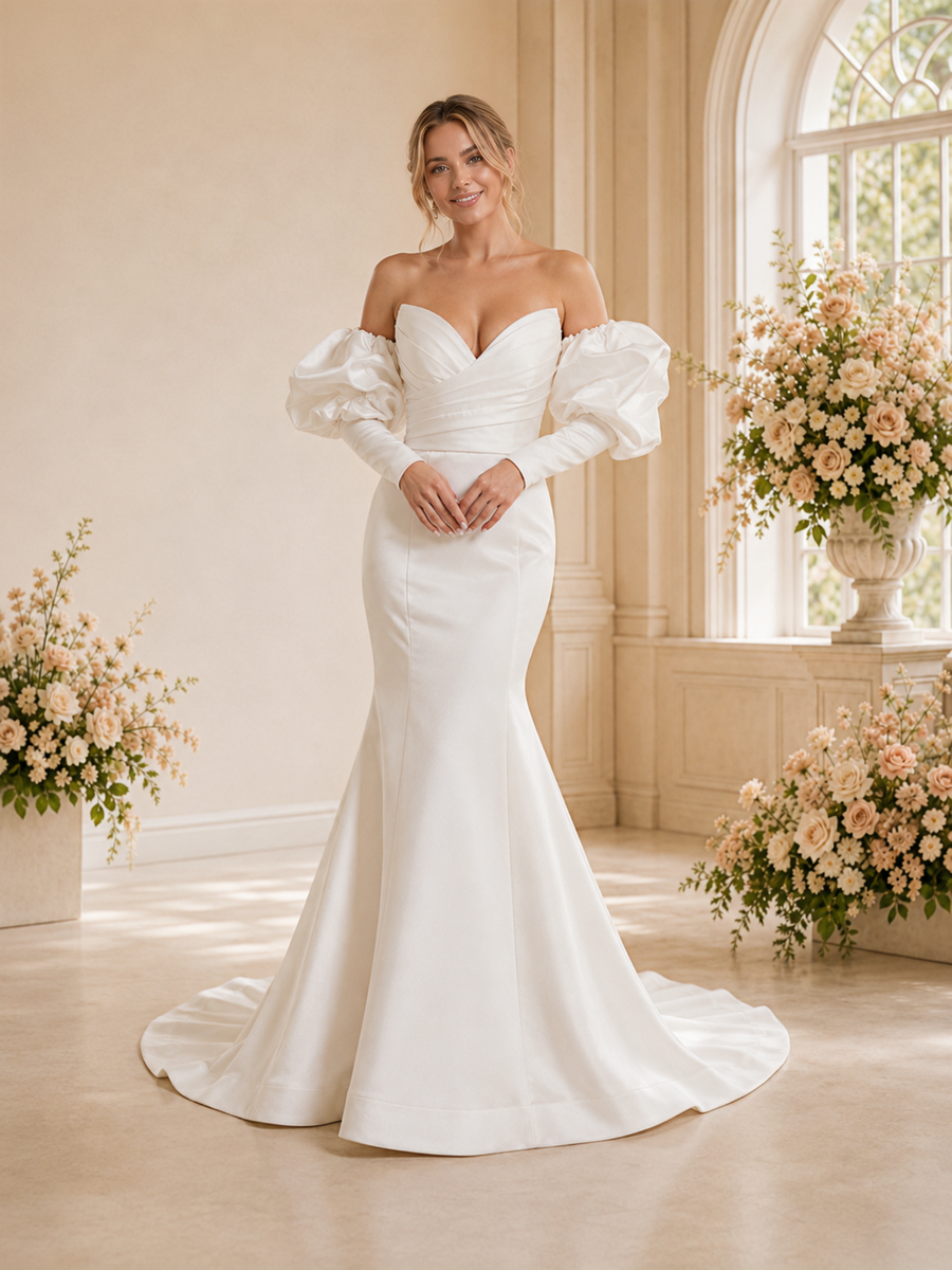 ChicSew Unique Sweetheart Ruching Long Sleeveless Satin Mermaid Long Wedding Dress