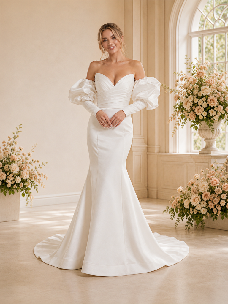 ChicSew Unique Sweetheart Ruching Long Sleeveless Satin Mermaid Long Wedding Dress