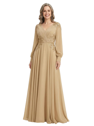 ChicSew Long Sleeves V-Neck Lace Appliques Ruched Chiffon A-Line Mother Of The Groom Dress