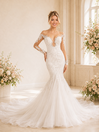 ChicSew Sexy V-Neck Lace Tulle Long Sleeves Mermaid Maxi Wedding Dresses With Long Train