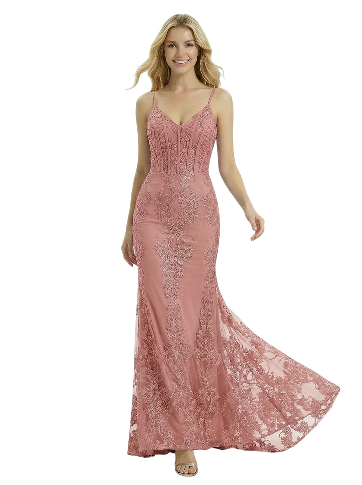 ChicSew Classy Spaghetti Straps V-Neck Corset Prom Dress Lace Mermaid Formal Evening Gown