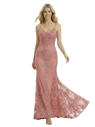 ChicSew Classy Spaghetti Straps V-Neck Corset Prom Dress Lace Mermaid Formal Evening Gown