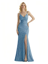Shiny V-Neck Mermaid Glitter Jersey Side Slit Maxi Formal Dresses For Women