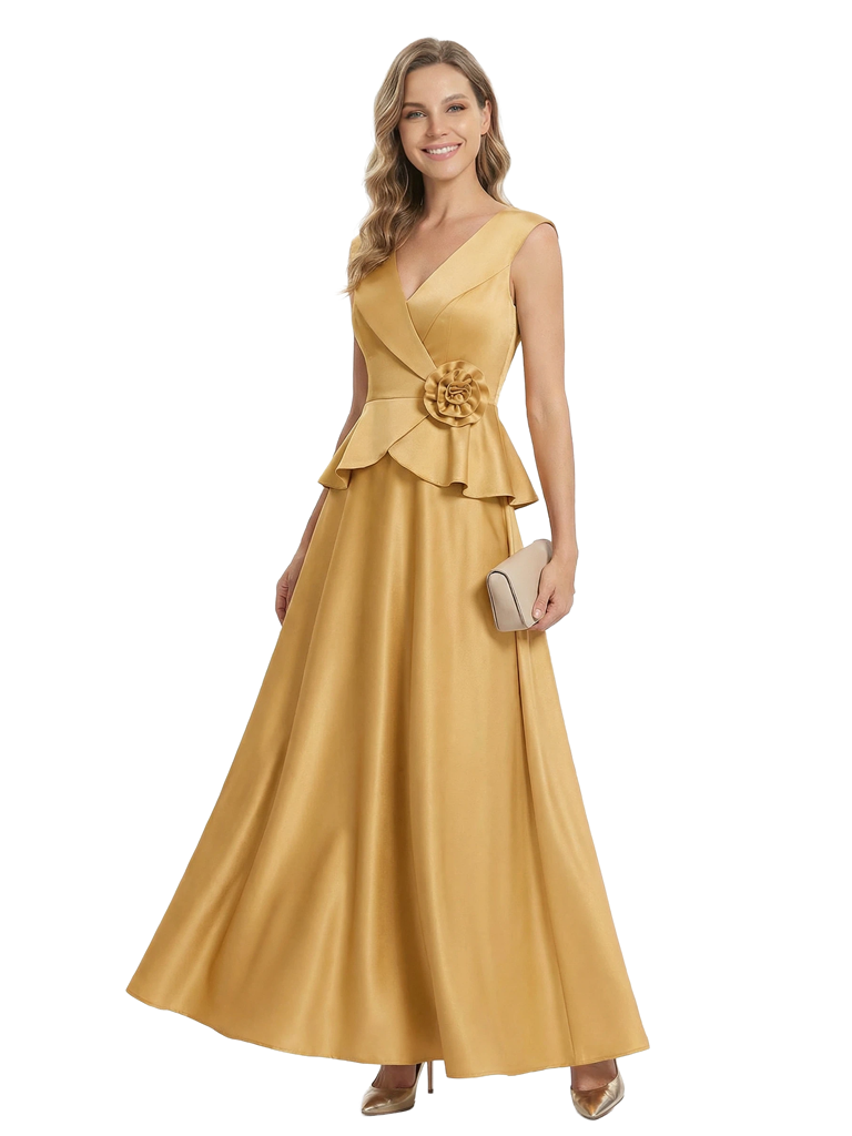Chicsew Mother of The Bride Dresses V-Neck Sleeveless Satin Peplum Maxi Gown Fancy Flower Detailed Formal Wedding Dress