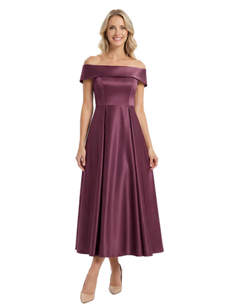 Chicsew Elegant Off Shoulder Tea-Length Satin A-Line Mother Of The Bride Dresses
