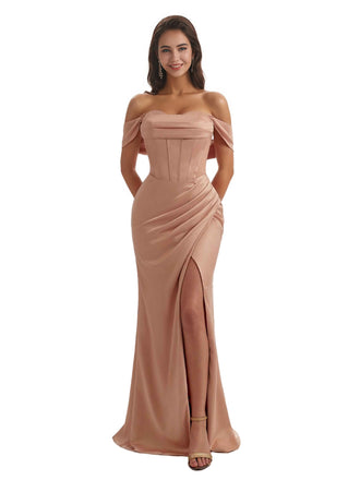 Sexy Side Split Off The Shoulder Mermaid Silky Satin Bridesmaid Dresses Online