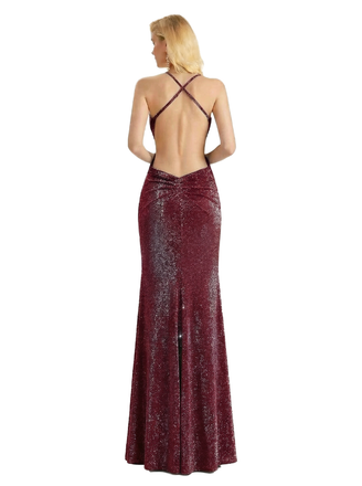 Elegant Spaghetti Straps Side Slit Mermaid Glitter Jersey Maxi Formal Evening Dresses For Women