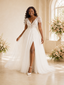 ChicSew Romantic V-Neck Short Sleeves Side Slit Tulle Maxi Wedding Dress With Lace Applique
