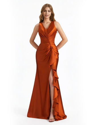 Sexy V-neck Side Slit Ruffles Mermaid Silky Satin Floor Length Evening Formal Dresses