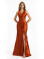 Sexy V-neck Side Slit Ruffles Mermaid Silky Satin Floor Length Evening Formal Dresses
