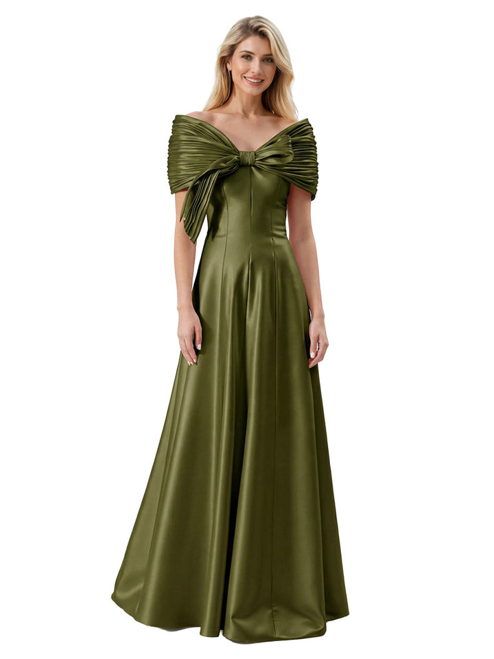 Beautiful Off The Shoulder Satin Mother Of The Bride Dress Ruched Sleeves A-Line Maxi Gown