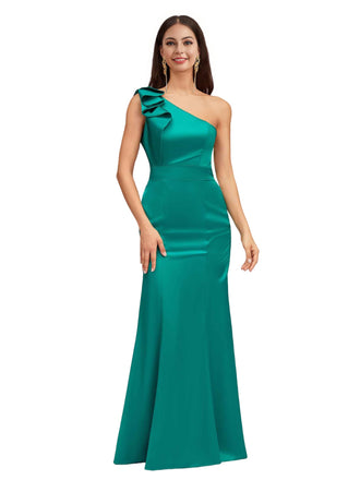 Sexy One Shoulder Mermaid Soft Satin Beauty Long Bridesmaid Dresses