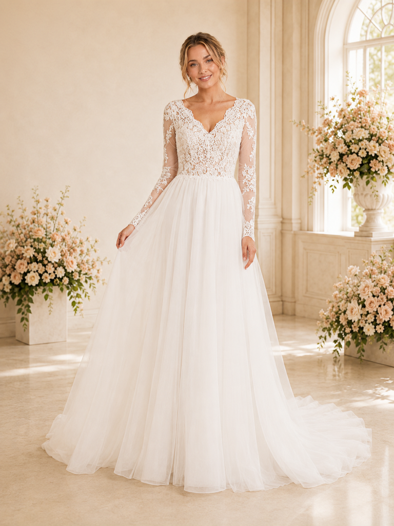 ChicSew Classy Lace Applique Tulle Long Sleeves A-Line Maxi Long Wedding Dress
