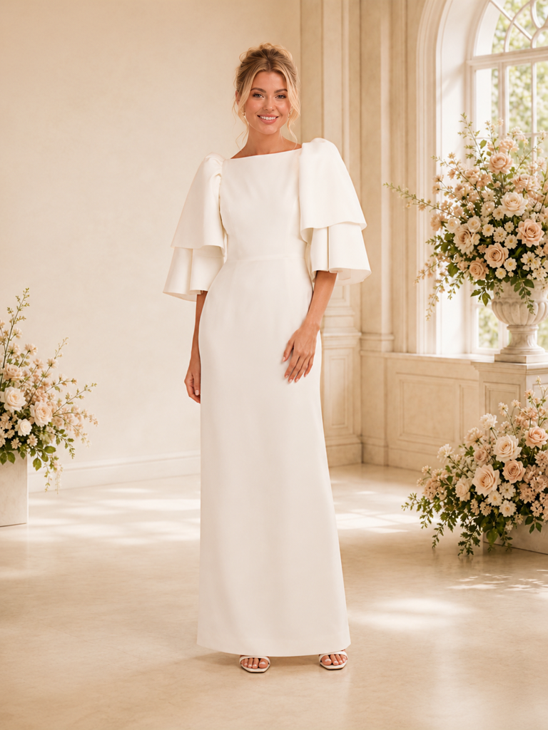 ChicSew Elegant Sabrina Flutter Sleeves Sheath Crepe Long Wedding Dress