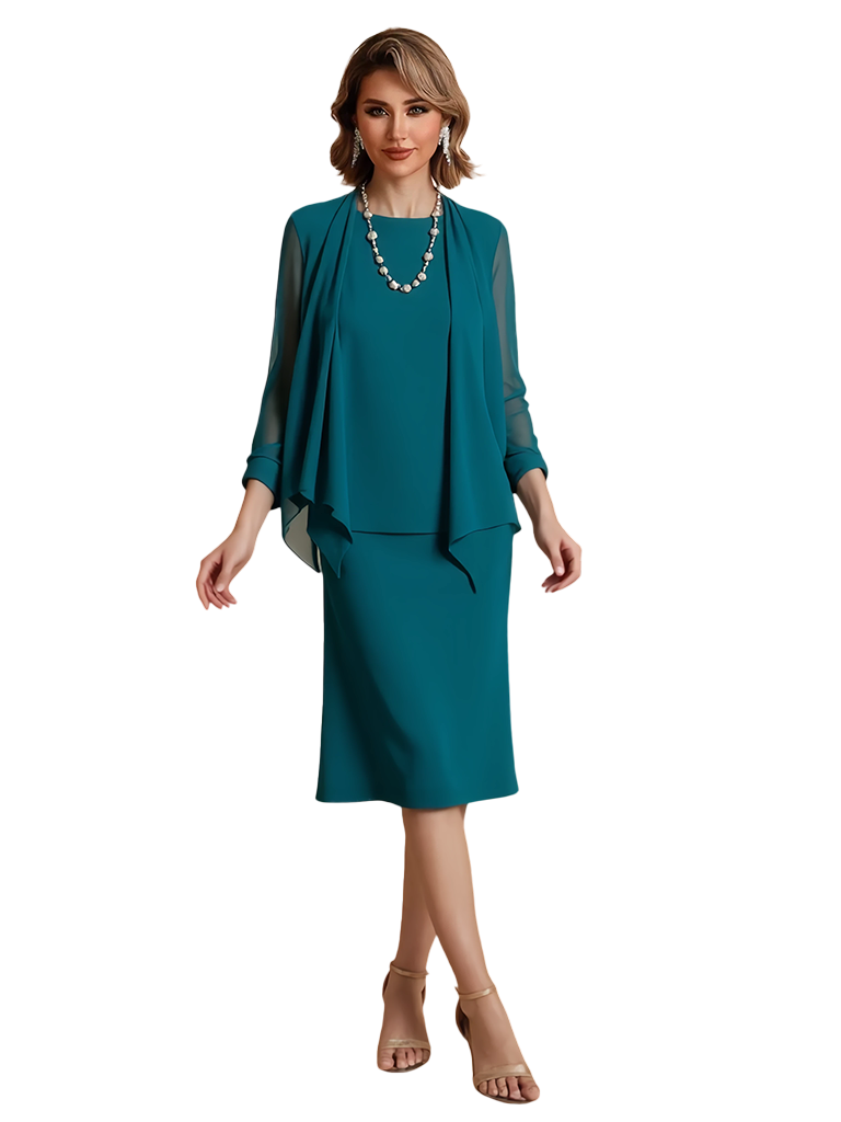 Elegant Two Pieces Chiffon Long Sleeves Knee Length Mother of The Bride Dresses With Jacket