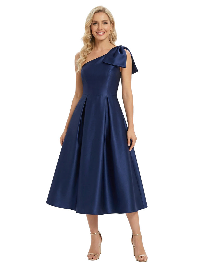 Gorgeous One Shoulder Satin Tea-Length Gown Fancy Bow-Detailed Mother of The Bride Dresses