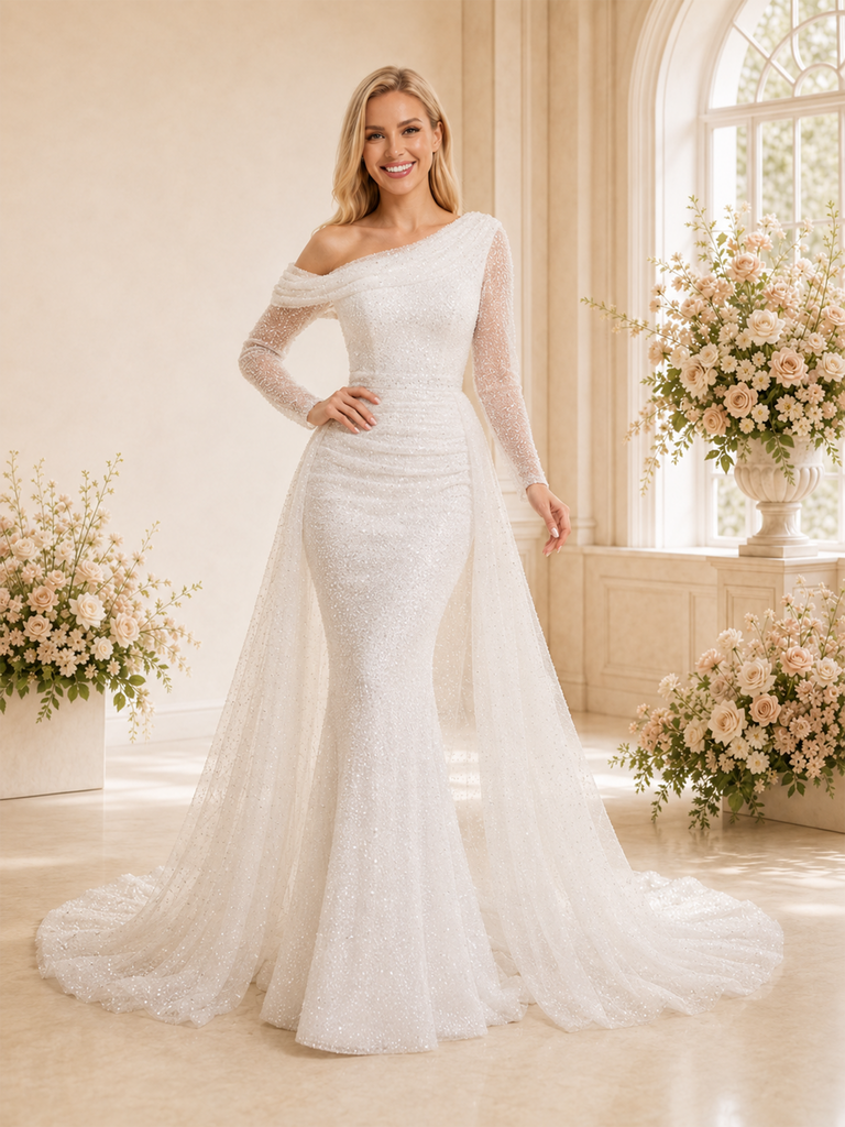 ChicSew Unique Mermaid Asymmetrical Neckline Glitter Tulle Long Sleeves Maxi Wedding Dresses With Overskirt