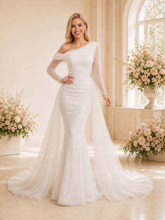 ChicSew Unique Mermaid Asymmetrical Neckline Glitter Tulle Long Sleeves Maxi Wedding Dresses With Overskirt